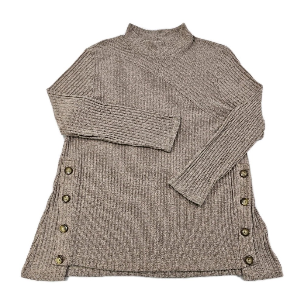 N Touch Women's Asymmetrical Button Sides Sweater L Beige Tan Ribbed Mock Neck